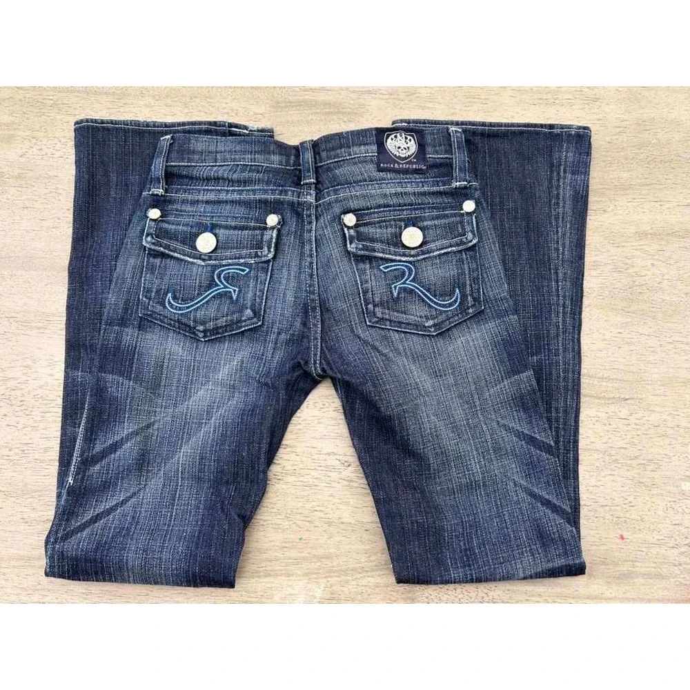 Rock & Republic Womens Bootcut Jeans Dark Wash Low Rise Blue Denim Size 28x34